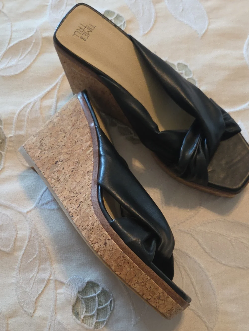 Time and Tru Black Knot-Front Cork Wedge Sandals